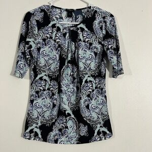 Ann Taylor Petite Top SP Black Blue Paisley Print 3/4 Sleeve Blouse